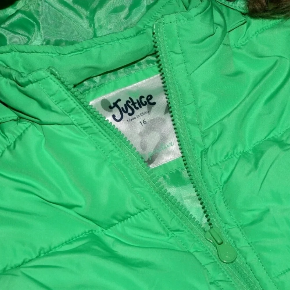 Justice Green Puffer Vest, Size 16, Hooded
